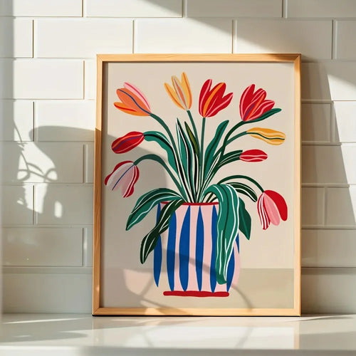 Colorful tulip vase wall art print by The Finishing Touch Decor featuring vibrant tulip design on white background