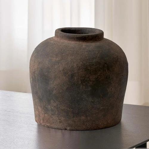 Brown ceramic rustic vase, 11-inch decorative pot with textured finish, ideal for rustic home decor accents.