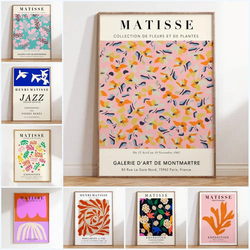 Abstract floral Matisse poster featuring colorful cut-out flowers on canvas, vibrant botanical artwork from The Finishing Touch Decor.