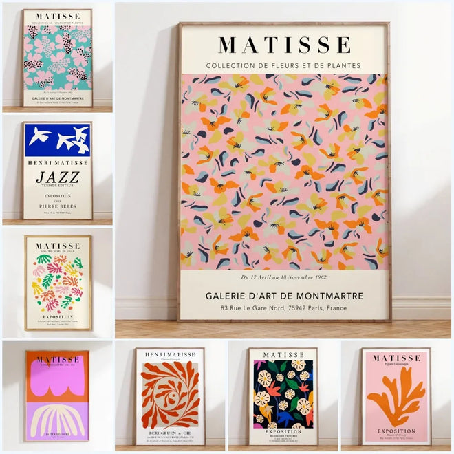 Abstract floral Matisse poster featuring colorful cut-out flowers on canvas, vibrant botanical artwork from The Finishing Touch Decor.