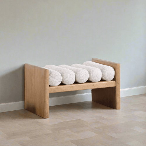 177Cream Waverly Collection Modern | Contemporary Bench with Solid Wood Rich Natural Finish, Luxurious Cream Boucle Fabric
