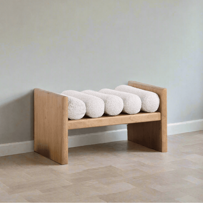 177Cream Waverly Collection Modern | Contemporary Bench with Solid Wood Rich Natural Finish, Luxurious Cream Boucle Fabric