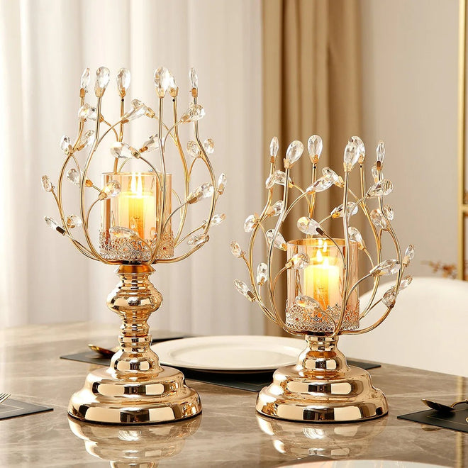 New-Classical Crystal Glass Shiny Metal Tall Tea Pillar Candle Holders - The Finishing Touch Decor