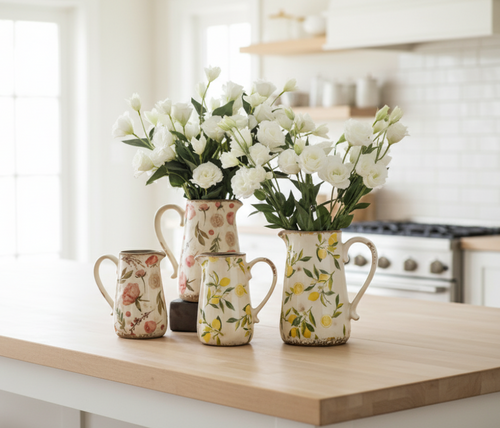 Decorative farmhouse ceramic pitcher vase with vintage finish, featuring a classic cottage style from The Finishing Touch Decor.