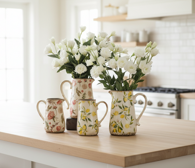 Decorative farmhouse ceramic pitcher vase with vintage finish, featuring a classic cottage style from The Finishing Touch Decor.