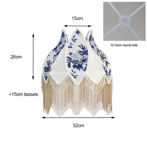 French Blue Floral Silk and Velvet Lampshade with Pearl Tassel - The Finishing Touch Decor