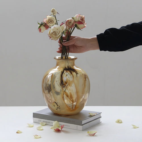 Smokey tan ink swirl textured glass decorative vase with a modern design, ideal for floral arrangements or home decor.
