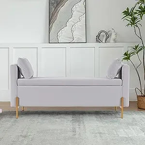 Storage Bench for Bedroom, 55" End of Bed Bench for King Size Bed, Modern Upholstered Long Ottoman Bench with Arms and 2 Pillows