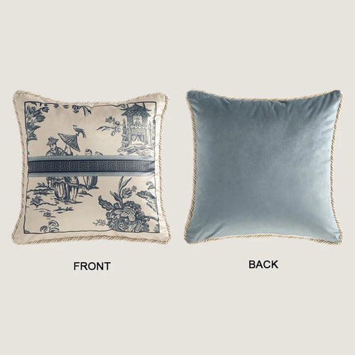 GUVINCI GALLERY Oriental Charm Lumbar Pillow Covers Super Soft Velvet Toile De Jouy Delft Blue Decorative Cushion Case 30x50cm