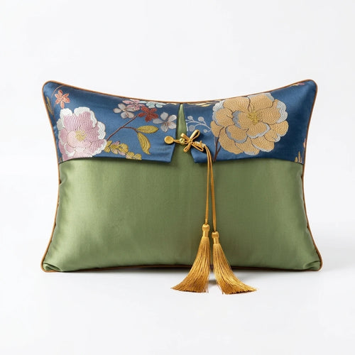 Floral Oriental embroidered satin throw pillow cover with intricate floral patterns, soft satin fabric, designed for decorative throw pillows.