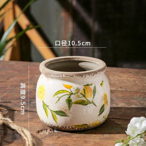 Retro Lemon Printing Underglaze Color Flower Pot