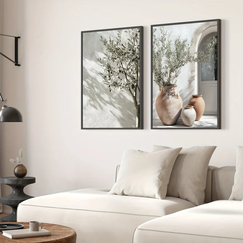 2pcs/set Neutral Olive Tree Shadow Vase Canvas Print Poster Retro Botanical Landscape Art Print Home Decor Art Poster Gifts
