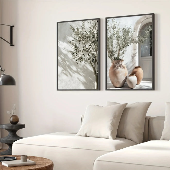2pcs/set Neutral Olive Tree Shadow Vase Canvas Print Poster Retro Botanical Landscape Art Print Home Decor Art Poster Gifts