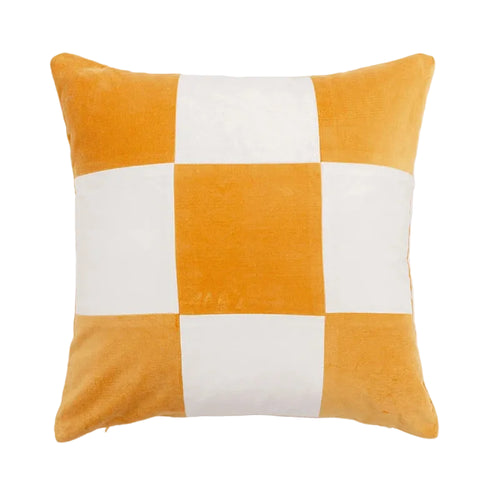 Colorful retro patchwork velvety throw pillows from The Finishing Touch Decor showcasing vibrant, textured fabric and bold pattern designs.