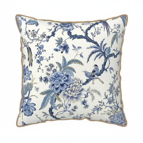 Soft white and blue sparrow throw pillow cover from The Finishing Touch Decor, featuring bird illustrations on fabric.