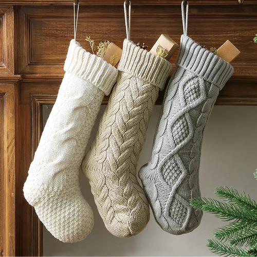 Rustic Cable Knit Fireplace Holiday Stockings Set