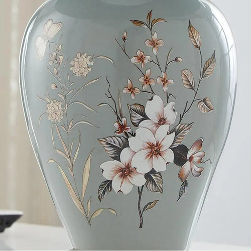 American Light Luxury Ceramic Bedroom Bedside Counter Lamp Desk Decoration Painted Flower Remote Control Lighting Table Lamp