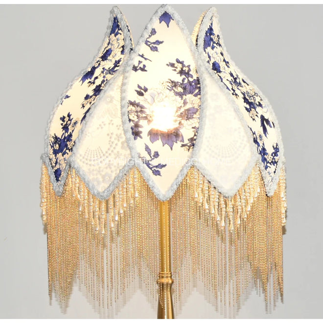 French Blue Floral Silk and Velvet Lampshade with Pearl Tassel - The Finishing Touch Decor