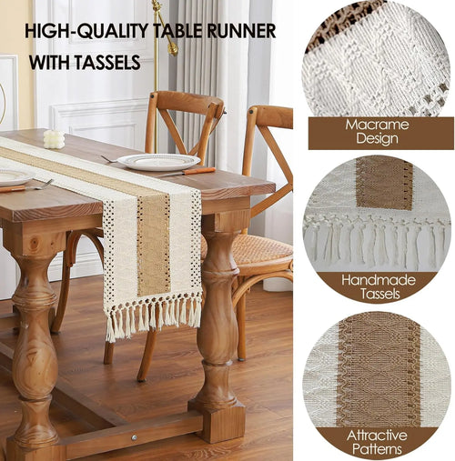 Boho Farmhouse Linen Macrame Table Runner