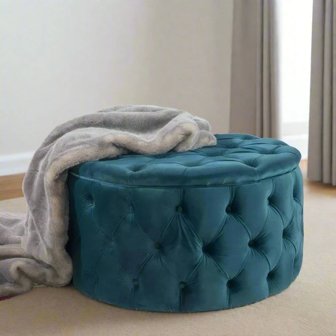 Round Dark Teal Velvet Storage Ottoman - The Finishing Touch Decor