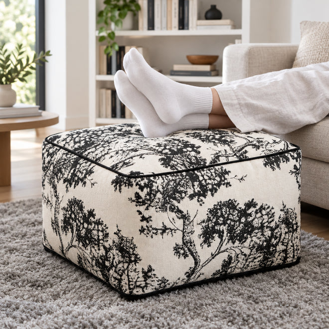 Thick Black & Off-White Chenille Pouf Ottoman Cover