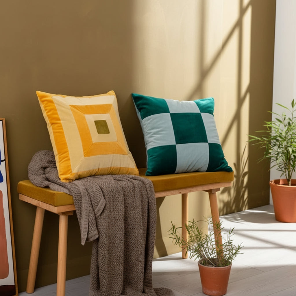 Colorful retro patchwork velvety throw pillows by The Finishing Touch Decor, showcasing vibrant, textured fabric and decorative design.