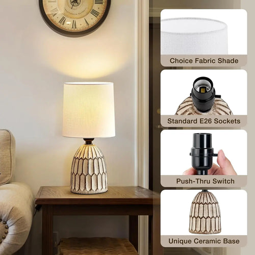 Hand-painted boho ceramic table lamps with intricate patterns and soft lighting, designed for stylish home decor.