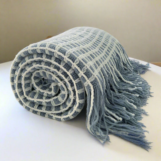 Tassel Waffle Blanket for Beds Thread Blanket for Picnic Blue Towel Blanket for Sofa 130x170cm Blanket for Travel Plaids Sofa