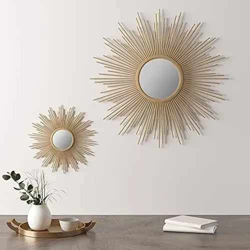 Gold Tone Iron Metal Large Sunburst Wall Art Mirror - The Finishing Touch Decor