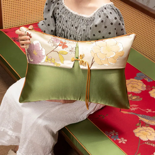 Floral oriental embroidered satin throw pillow cover with intricate floral designs, perfect for elegant home decor.