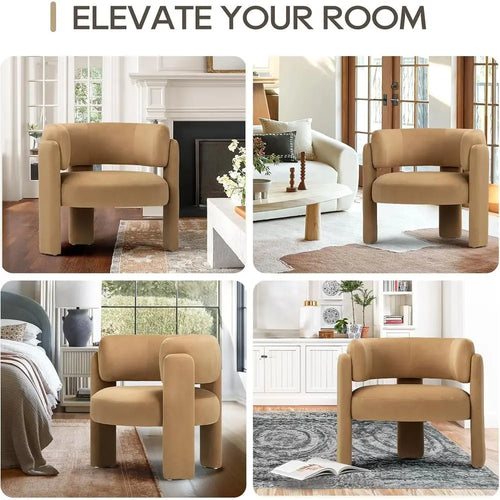 Set of two tan modern velvet barrel armchairs, stylish small furniture by The Finishing Touch Decor, featuring plush upholstery and sleek design.