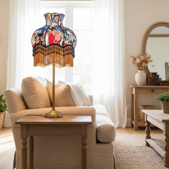 Eclectic Frieda Kahlo and jungle pattern lampshade by The Finishing Touch Decor, featuring vibrant, artistic design for lighting decor.