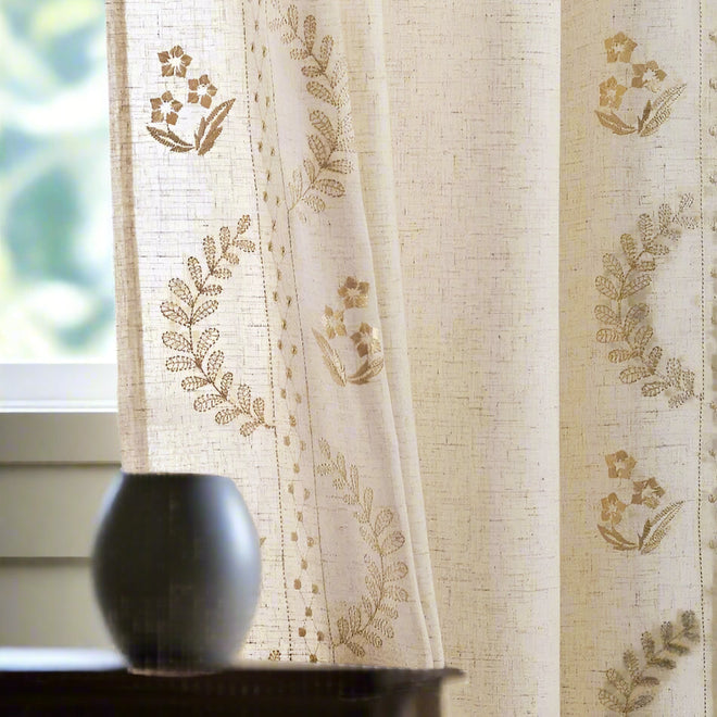 Linen Curtains for Bedroom Floral Curtains 63 Inch Length Linen Blend Beige Embroidered Drapes Farmhouse
