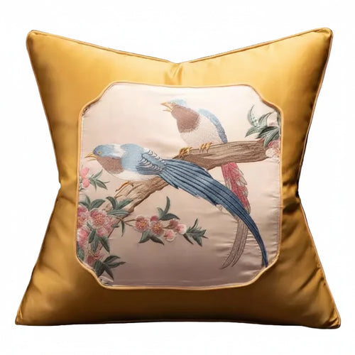 Luxurious satin chinoiserie throw pillow cover from The Finishing Touch Decor with intricate Asian-inspired design.