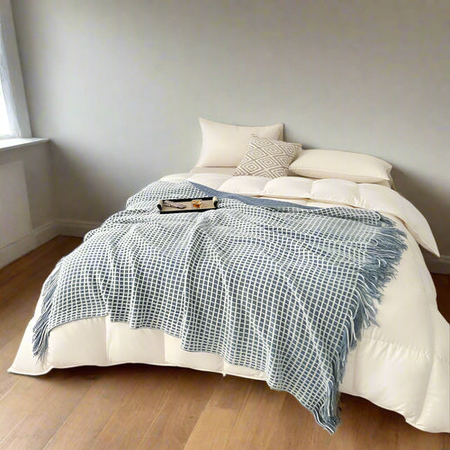 Tassel Waffle Blanket for Beds Thread Blanket for Picnic Blue Towel Blanket for Sofa 130x170cm Blanket for Travel Plaids Sofa