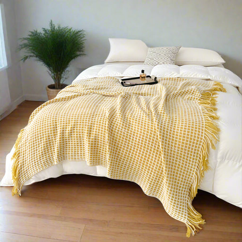 Tassel Waffle Blanket for Beds Thread Blanket for Picnic Blue Towel Blanket for Sofa 130x170cm Blanket for Travel Plaids Sofa