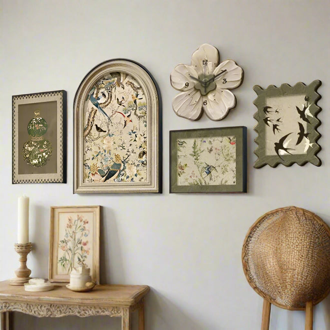 Framed 5 Pcs Set French Style Wall Art Prints, Murals and Clock - The Finishing Touch Decor