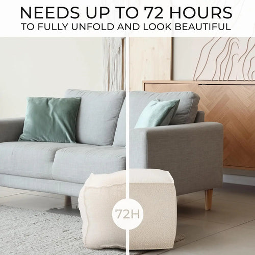 Lightweight boucle pouf ottoman by The Finishing Touch Decor, round footrest with soft fabric and stylish living room accent.