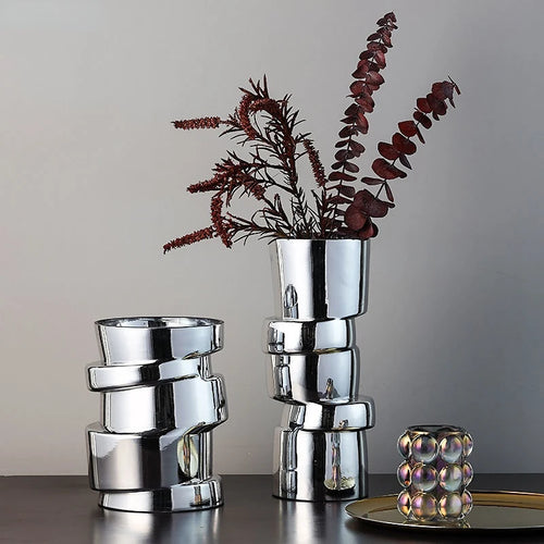 Displaced Stacked Round Silver Glass Geometric Vase - The Finishing Touch Decor