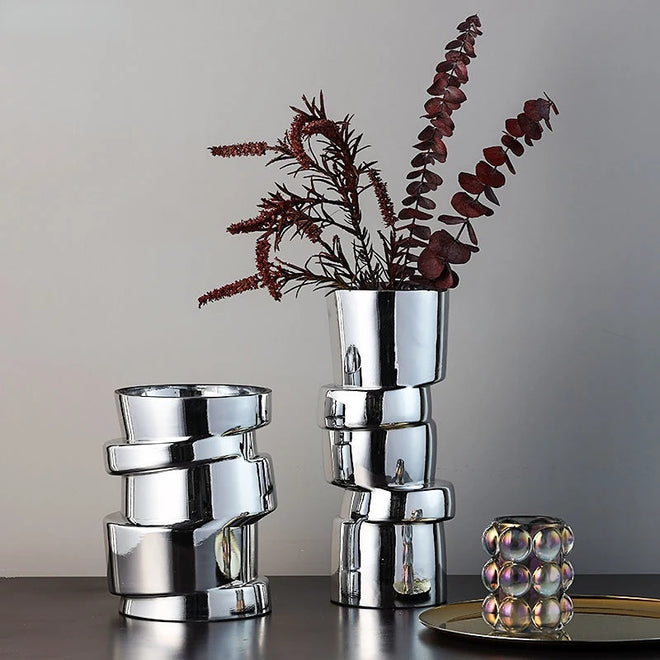 Displaced Stacked Round Silver Glass Geometric Vase - The Finishing Touch Decor