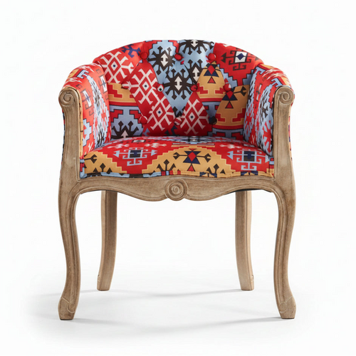 Solid wood antique American country accent chair with carved details and vintage finish, perfect for rustic small furniture decor.