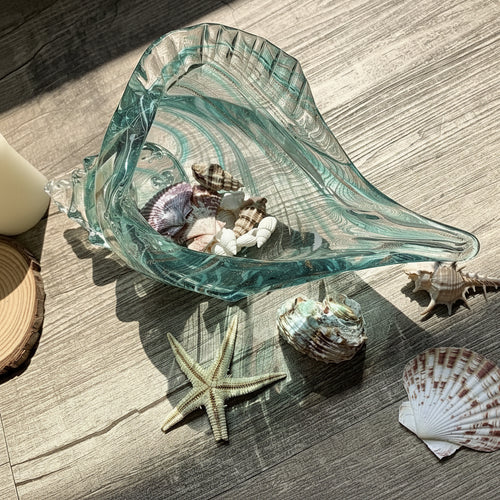 Sea Blue Hand Blown Glass Conch Shell Art Figurine