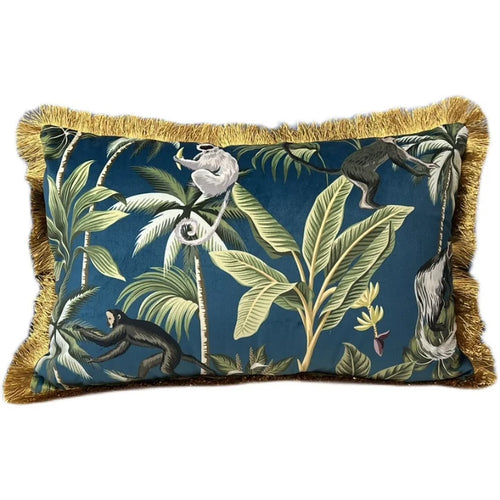 Velvet tropical monkey and palm tree throw pillow cover from The Finishing Touch Decor featuring vibrant jungle design.