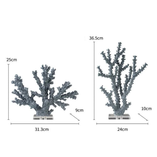 Blue resin simulated coral branch sculpture, table art piece with intricate coral details for home decoration.
