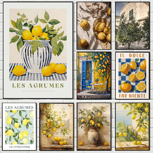Retro Lemon Garden Canvas Poster Fresh Lemon Olive Tree Wall Art Prints for Modern Living Room Office & Summer Home Decor Gifts