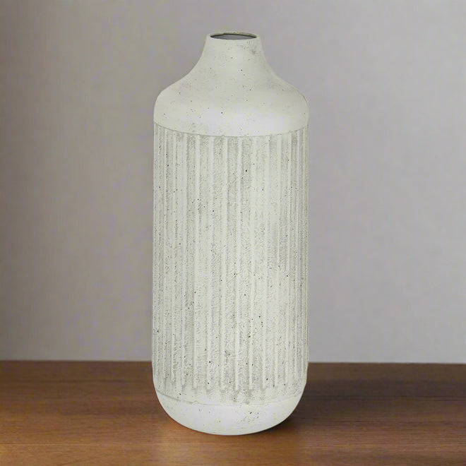 17 Inch Tall Gray Iron Cylinder Vase Textured Surface Decorative Home Accent Indoor Use Rubber Stoppers Minimalist Design