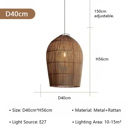 Wabi Sabi rattan wicker pendant light fixture hanging with woven design, ideal for cozy, natural-inspired interior lighting.