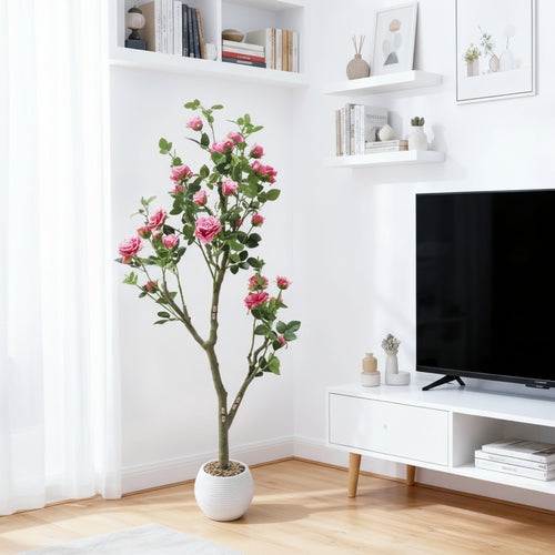 Tall Artificial Pink Rose Blossom Tree with Pot