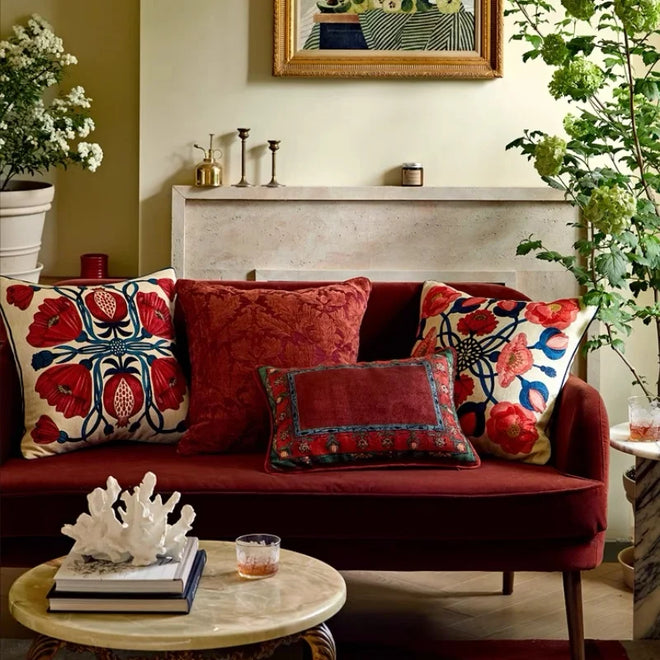 Red floral cushion cover with garden flower design, luxury European style decorative pillow case for sofa or chair decor.