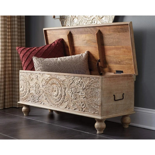 Fossile Ridge Boho Carved Wood Storage Bench with Hinge Top,